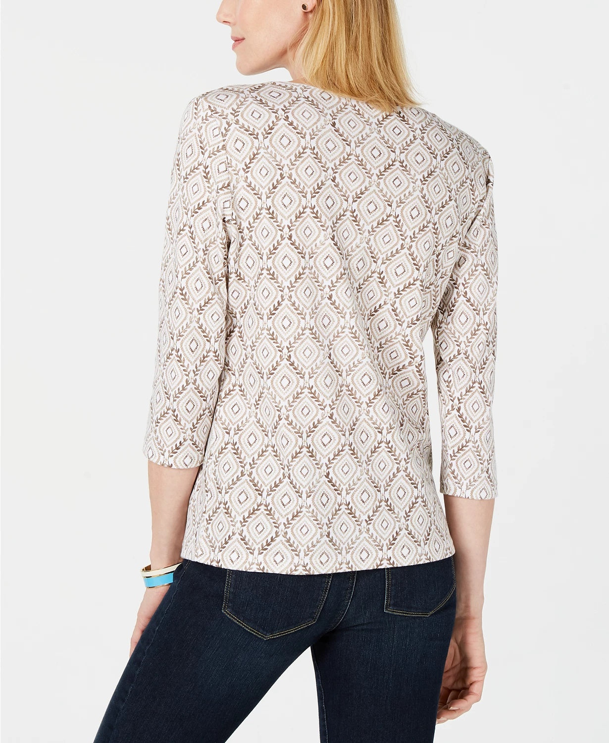 Karen Scott Women's Vine-Print 3/4-Sleeve Top Dark Beige Size Small
