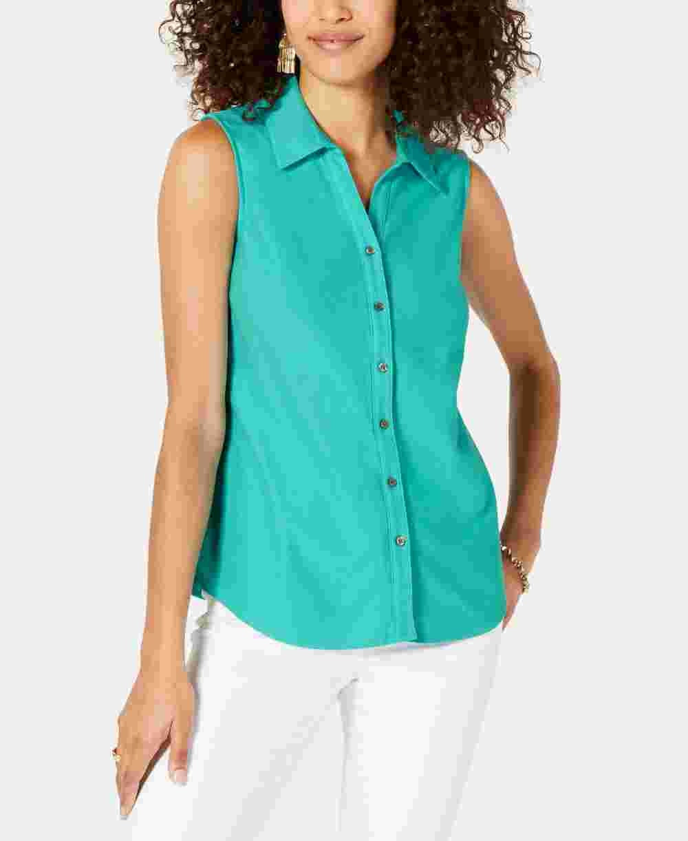 Charter Club Women's Cotton Pique Sleeveless Shirt  Blue Size 18
