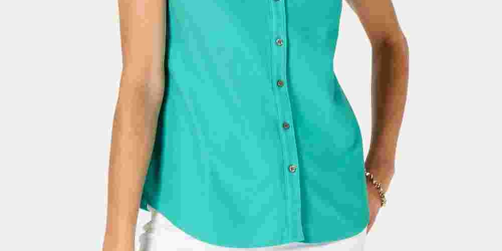 Charter Club Women's Cotton Pique Sleeveless Shirt  Blue Size 18