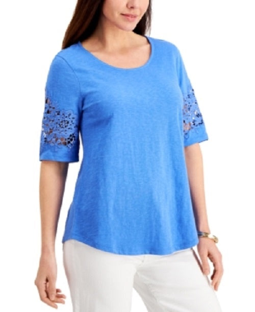 Charter Club Women's Cotton Lace-Trimmed Top Blue Size Medium