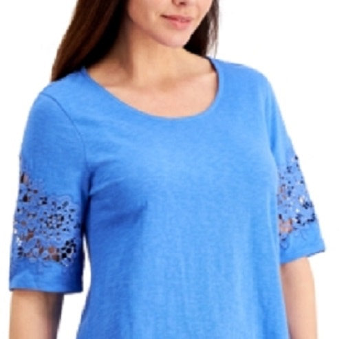 Charter Club Women's Cotton Lace-Trimmed Top Blue Size Medium