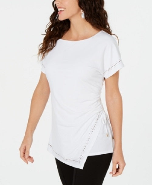 JM Collection Women's Embellished Ruched Side-Tie Top White Size Large