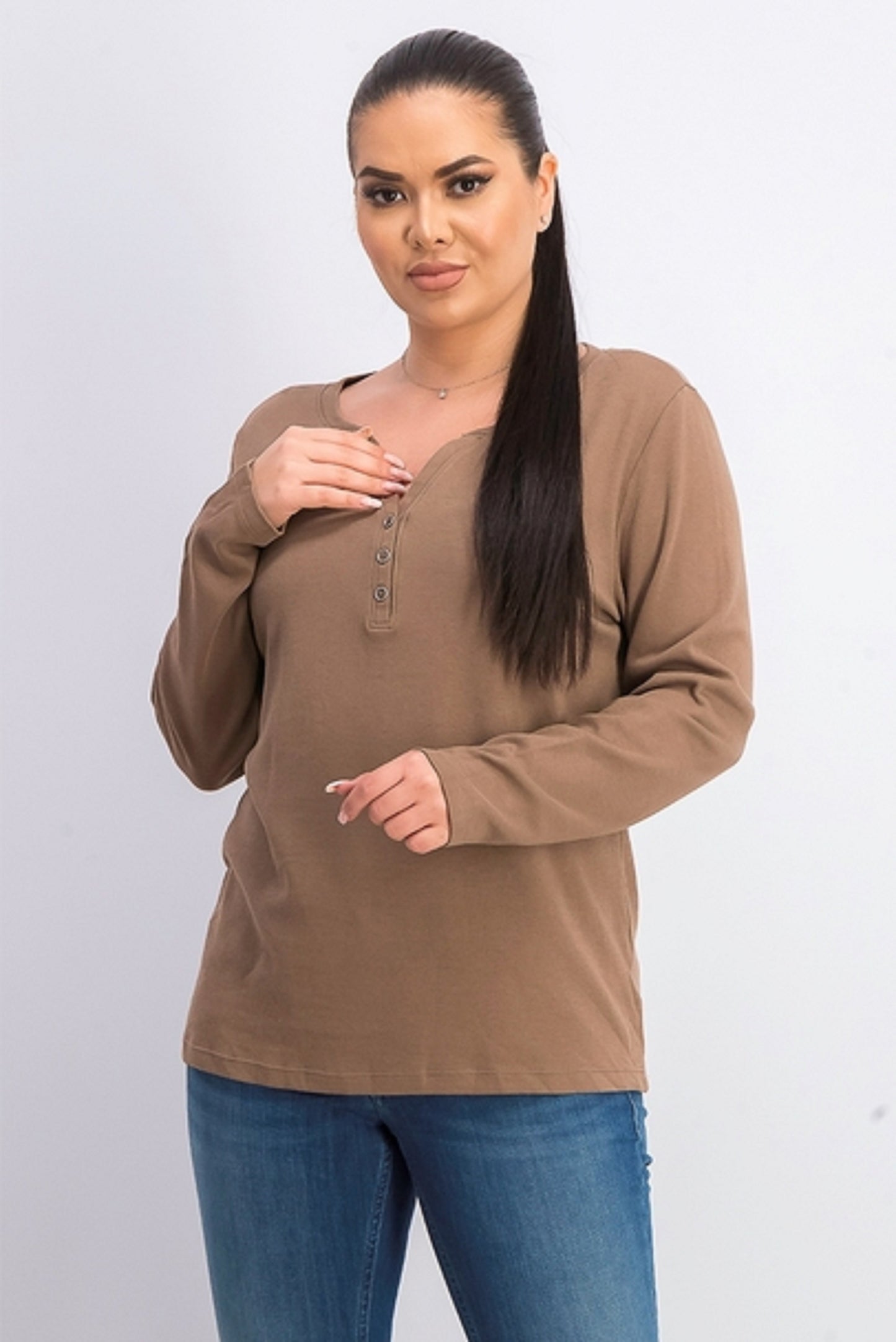 Karen Scott Women's Cotton Henley Top Beigekhaki Size Small