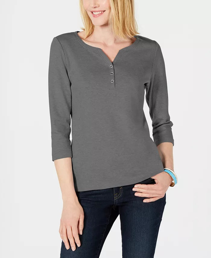 Karen Scott Women's Cotton Henley Top Green Size X-Small