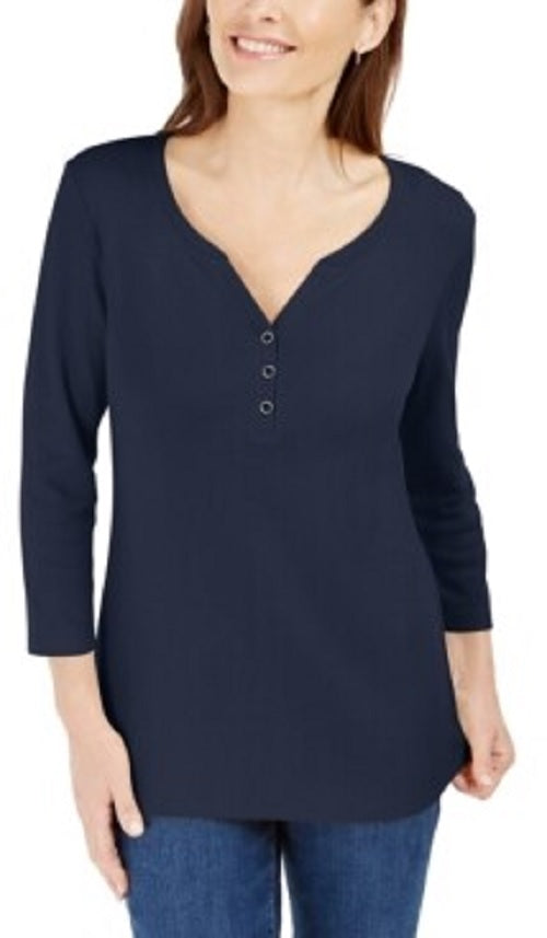 Karen Scott Women's Cotton Henley Shirt Dark Blue Size Petite Small