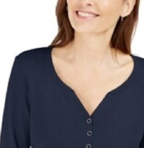 Karen Scott Women's Cotton Henley Shirt Dark Blue Size Petite Small