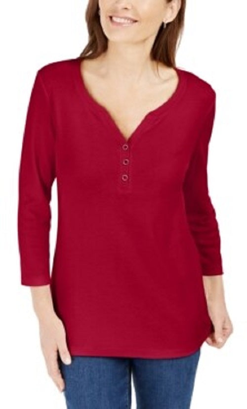 Karen Scott Women's Cotton Henley Shirt Red Size Petite Medium