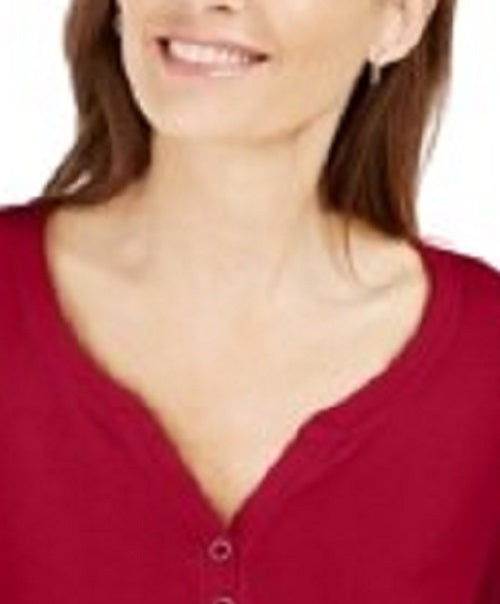 Karen Scott Women's Cotton Henley Shirt Red Size Petite Medium
