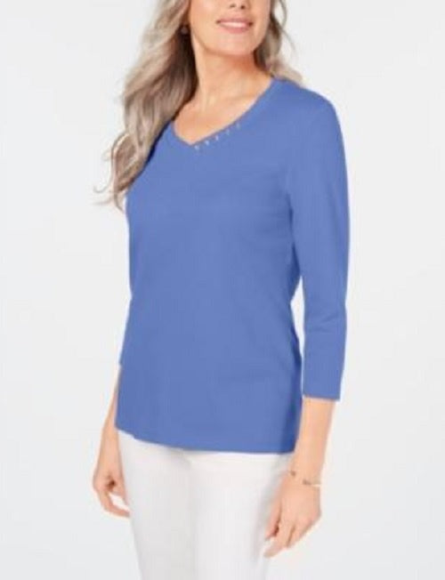 Karen Scott Women's Cotton V-Neck Button-Trim Top Blue Size Small