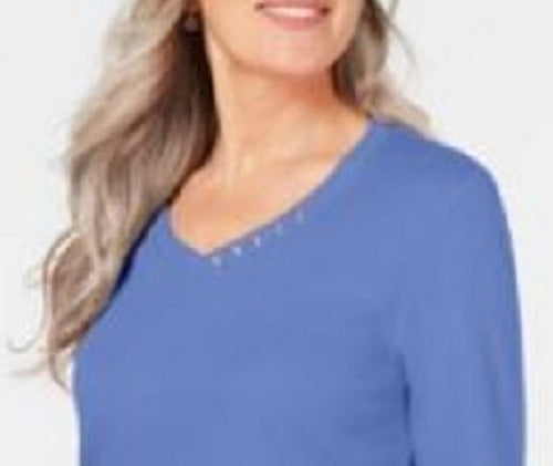 Karen Scott Women's Cotton V-Neck Button-Trim Top Blue Size Small