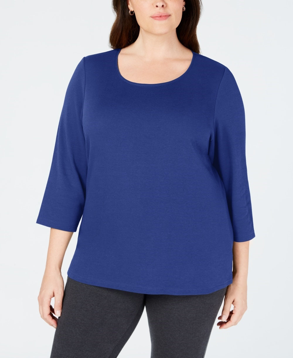 Karen Scott Women's Plus Size Cotton Scoop Neck Top Blue Size 0X