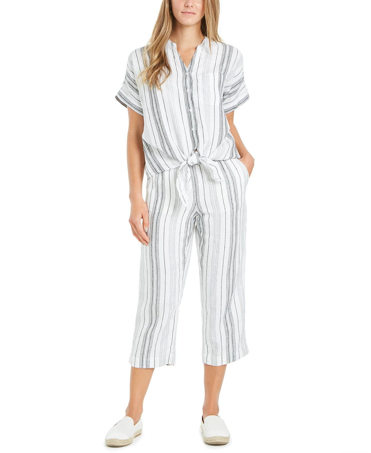 Charter Club Women's Linen Striped Tie Top Blue Size Large