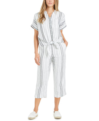 Charter Club Women's Linen Striped Tie Top Blue Size Large