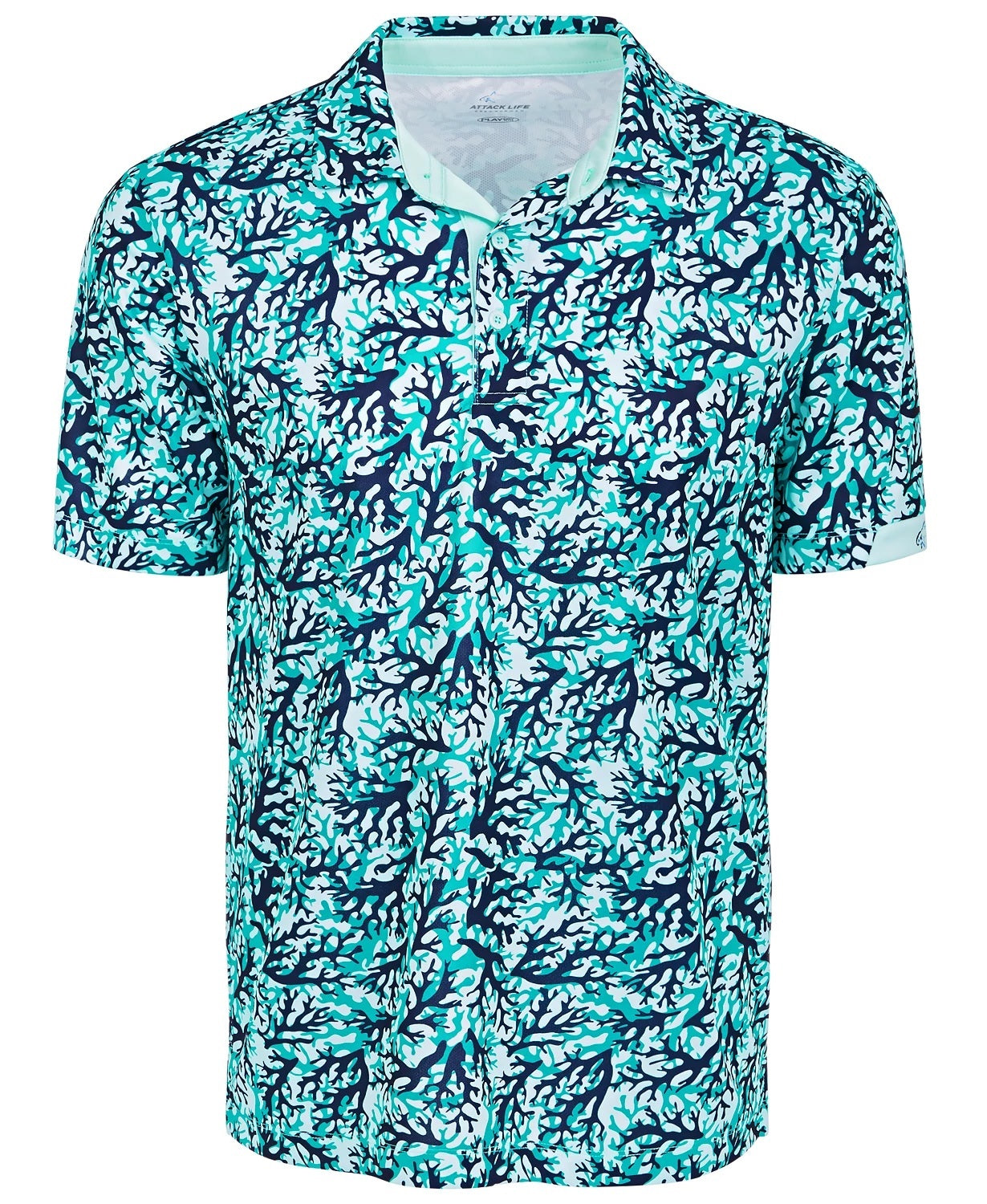Attack Life Men's All Over Print Coral Polo Shirt Blue Size X-Large