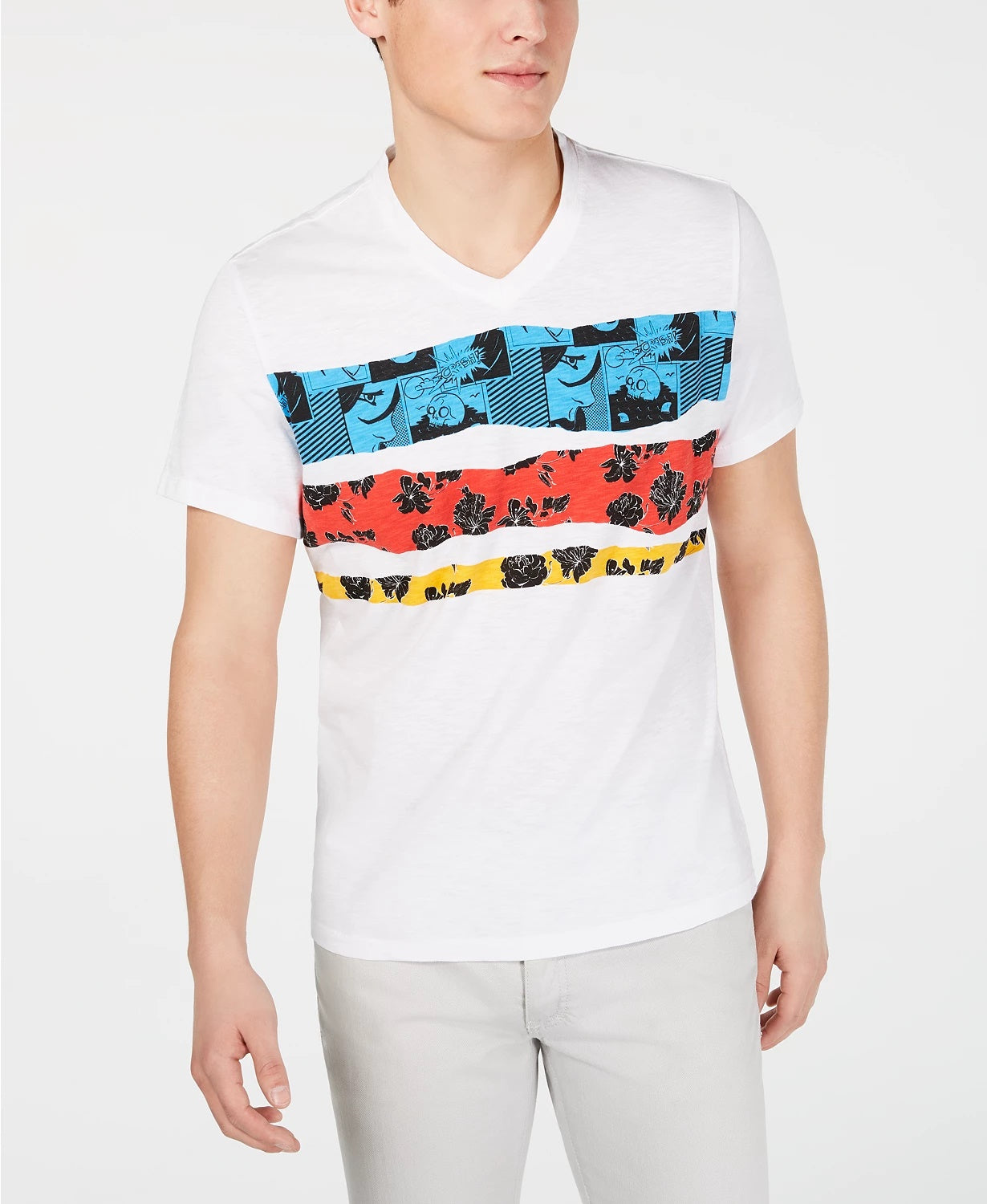INC International Concepts Men's Stripe Graphic V-Neck T-Shirt White Size XX Large