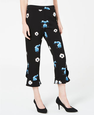 Alfani Women's Floral-Print Ruffle-Hem Ankle Pants Black Size 16