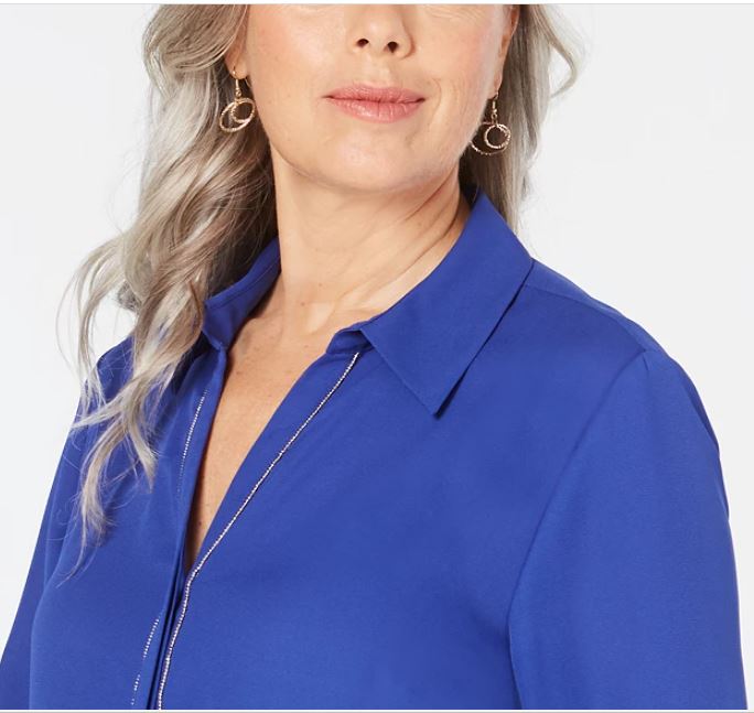 JM Collection Women's Embellished Utility Shirt Blue Size Petite Medium