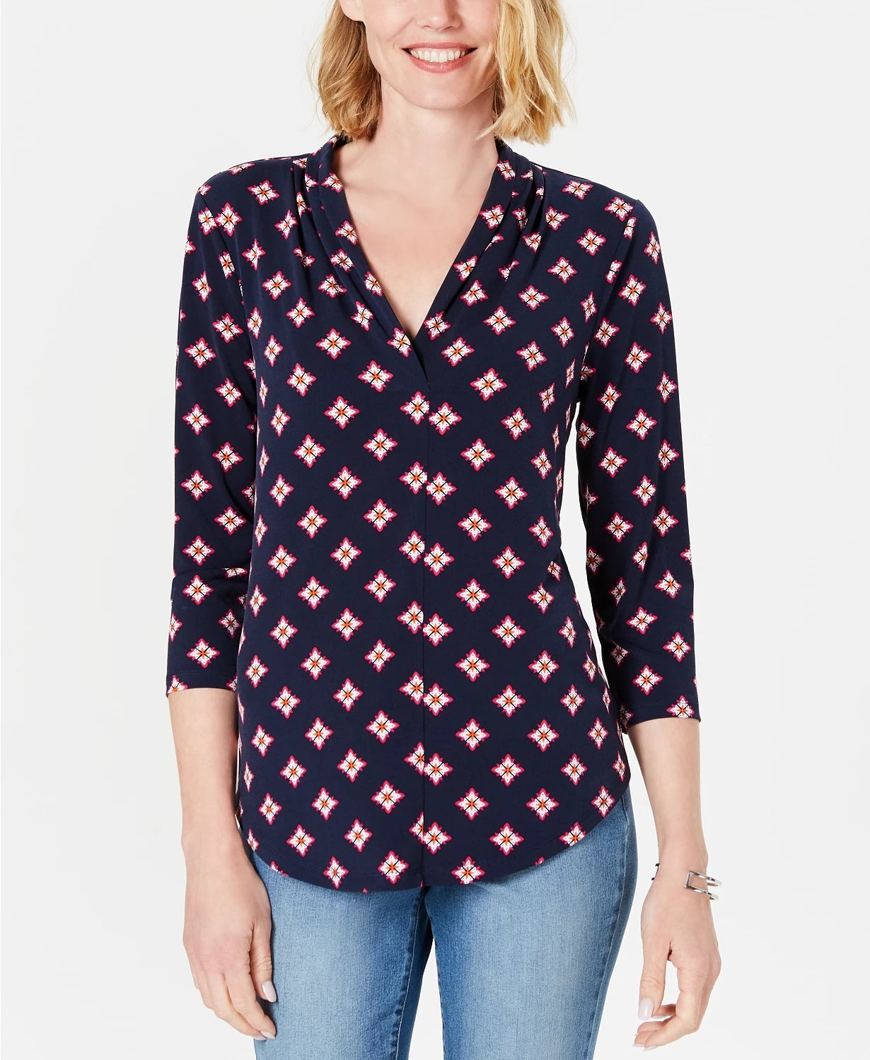 Charter Club Women's Printed 3/4 Sleeve Top Blue Size PM