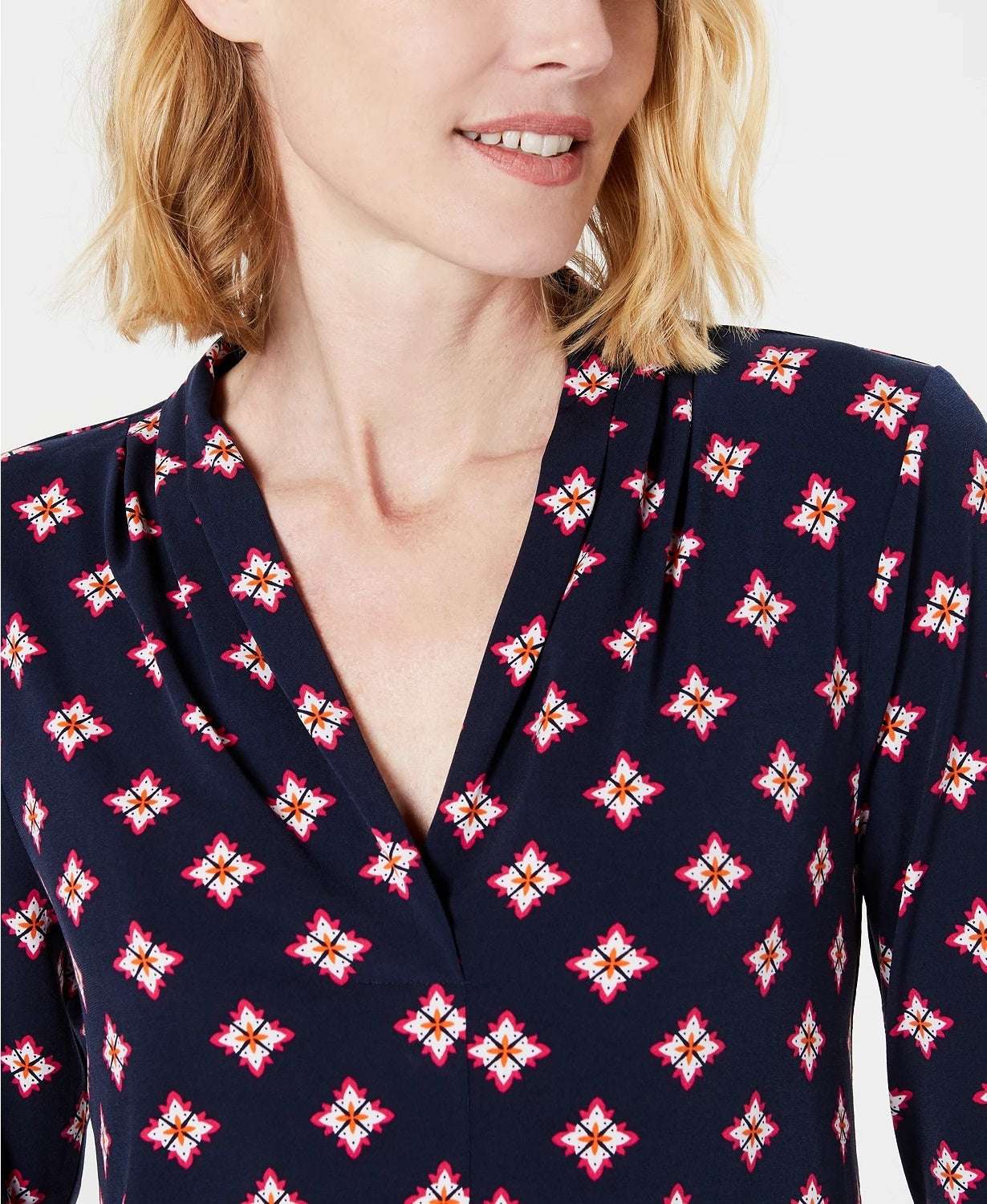 Charter Club Women's Printed 3/4 Sleeve Top Blue Size PM