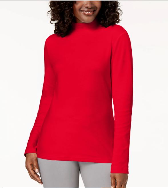 Karen Scott Women's Long Sleeve Mock Neck Cotton Top Red Size Petite Medium