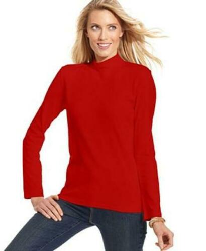 Karen Scott Women's Long Sleeve Mock Neck Cotton Top Red Size Petite Medium