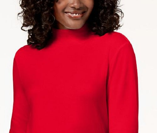 Karen Scott Women's Long-Sleeve Mock-Neck Cotton Top Red Size Petite Small