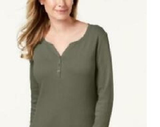 Karen Scott Women's Cotton Henley Top Green Size Small
