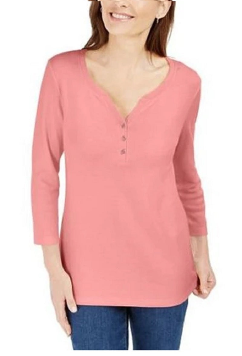 Karen Scott Women's Cotton Henley Top Dark Pink Size Large
