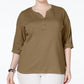 Karen Scott Women's Petite Cotton Henley-Neck Top Brown Size Medium Regular