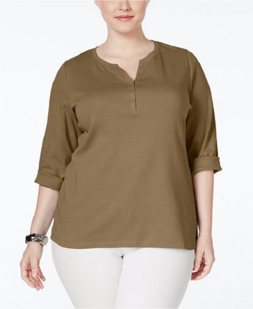 Karen Scott Women's Petite Cotton Henley-Neck Top Brown Size Medium Regular