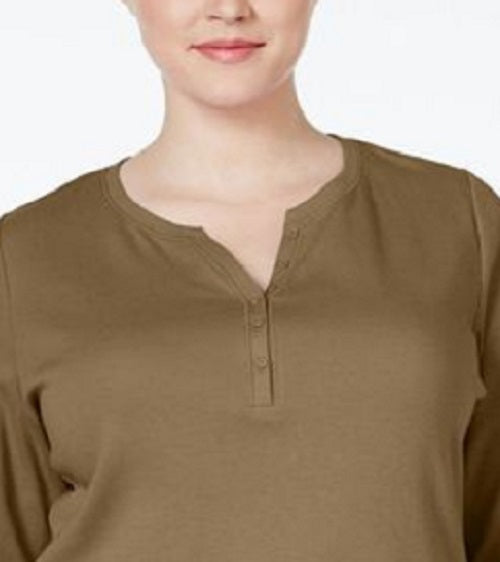 Karen Scott Women's Petite Cotton Henley-Neck Top Brown Size Medium Regular