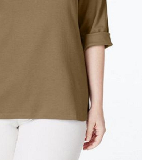 Karen Scott Women's Petite Cotton Henley-Neck Top Brown Size Medium Regular
