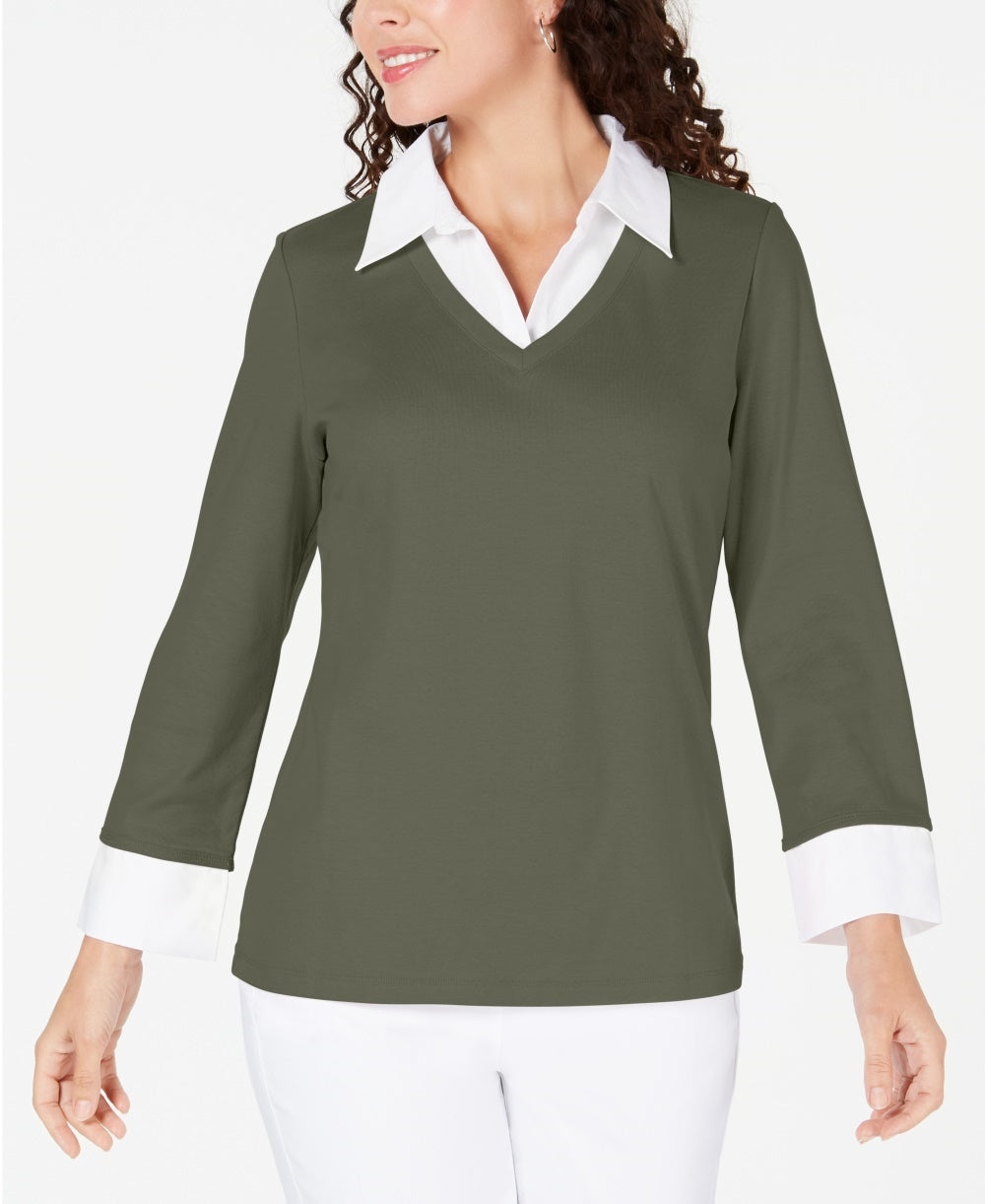 Karen Scott Women's Layered Look Cotton Top  Green Size Petite Small