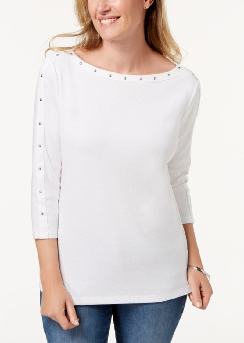 Karen Scott Women's Cotton Boat-Neck Studded Top White Size Extra Large