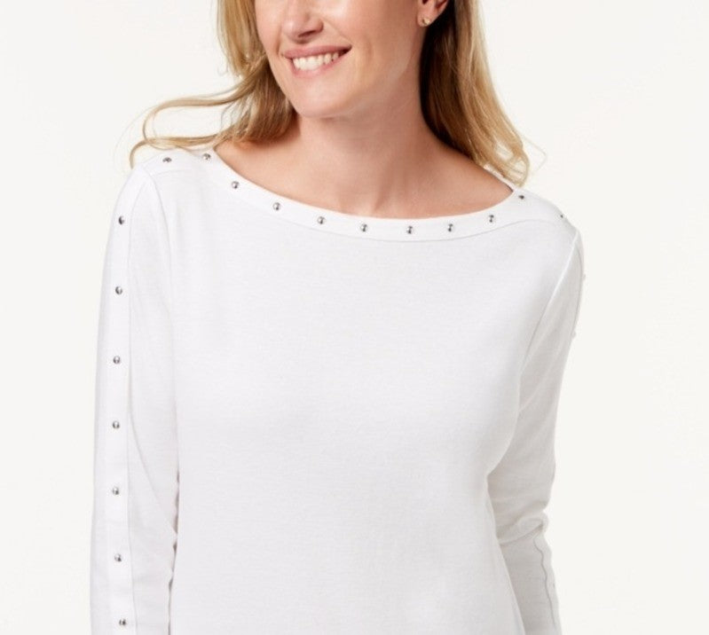 Karen Scott Women's Cotton Boat-Neck Studded Top White Size Extra Large