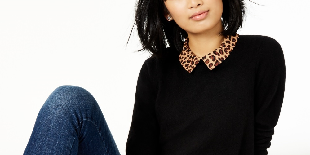 Charter Club Women's Pure Cashmere Cheetah Print Layered Look Sweater Black Size Petite Small