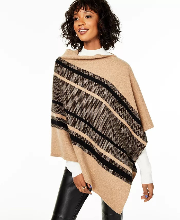 Charter Club Women's Cashmere Chevron Striped Poncho Beige Size Regular