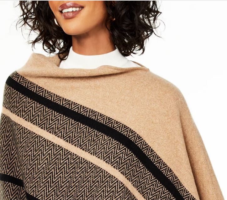 Charter Club Women's Cashmere Chevron Striped Poncho Beige Size Regular