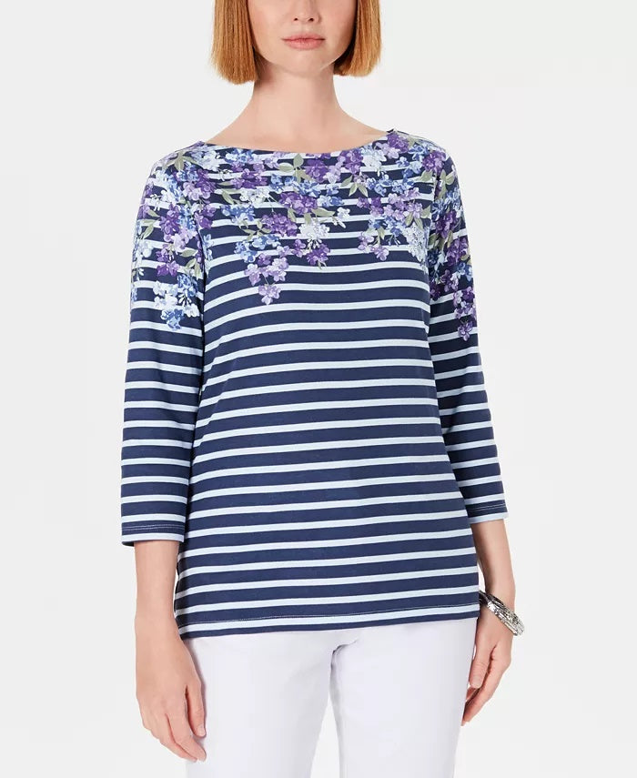 Karen Scott Women's Three Quarter Sleeve Printed Top Blue Size Large