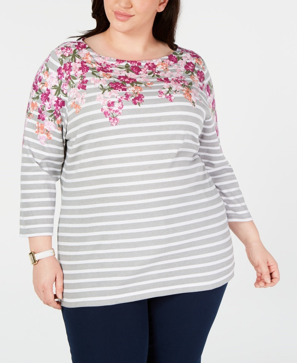 Karen Scott Women's Plus Size Mixed-Print 3/4-Sleeve Top Red Size 0x
