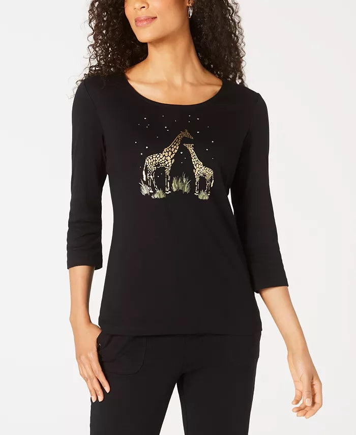 Karen Scott Women's Foil Printed Cotton Top Black Size Large