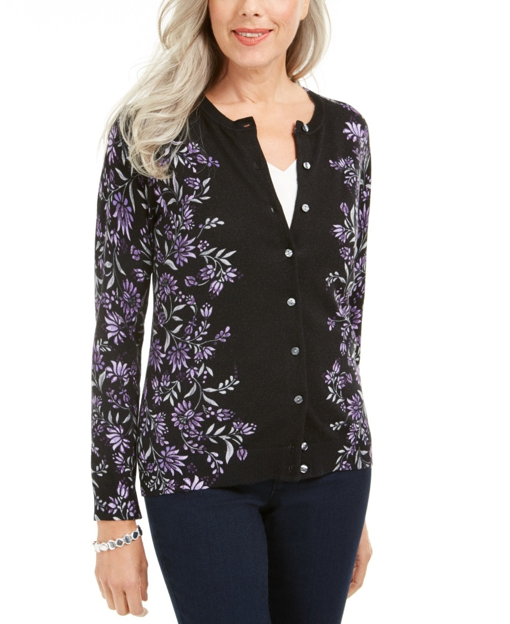 Karen Scott Women's Floral Print Button Up Cardigan Purple Size Medium
