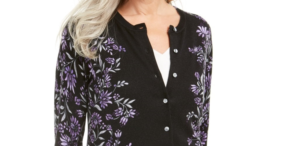 Karen Scott Women's Floral Print Button Up Cardigan Purple Size Medium
