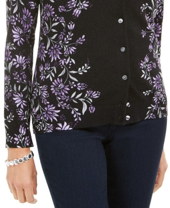 Karen Scott Women's Tapestry Print Cardigan  Purple Size Petite Small