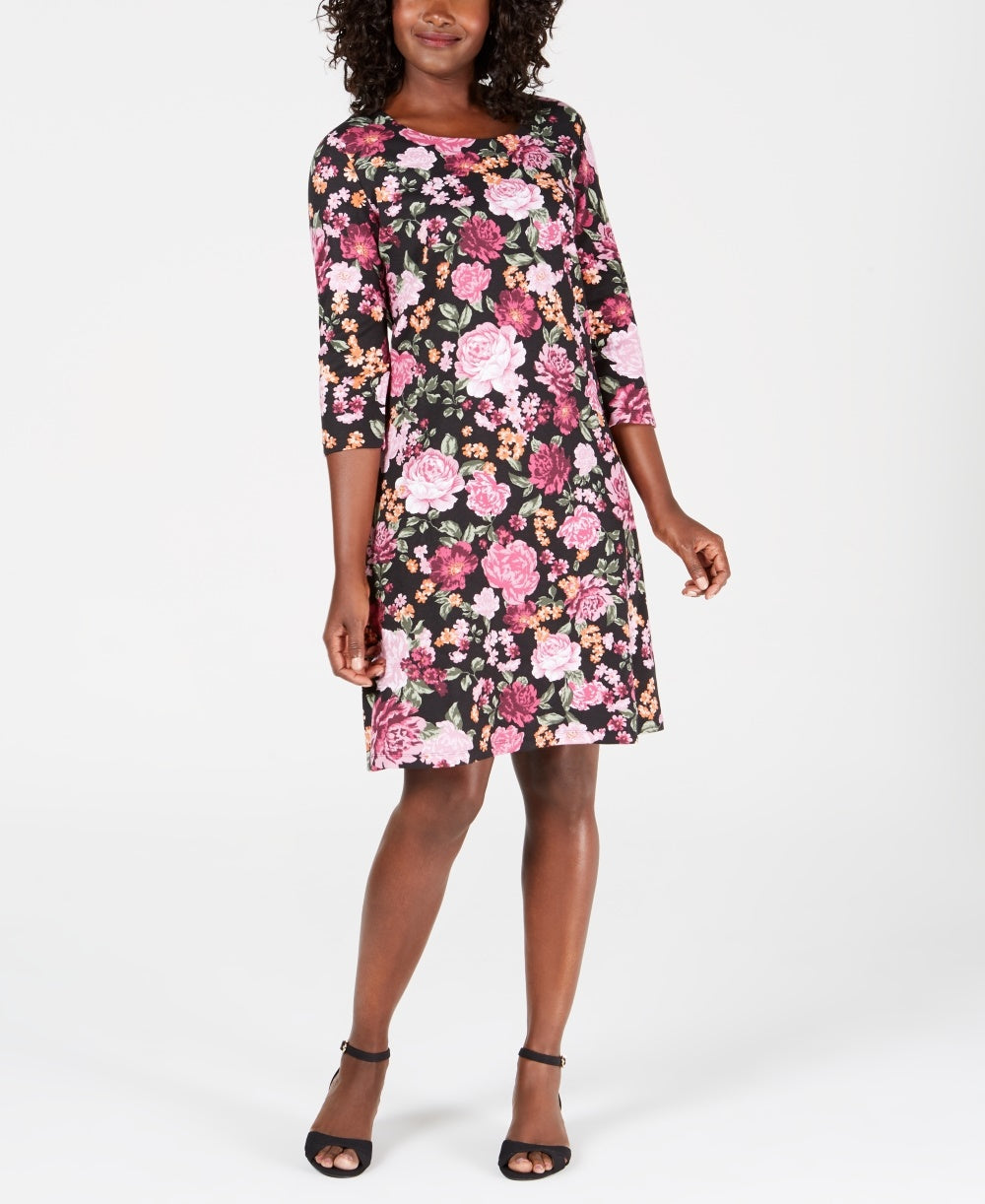 Karen Scott Women's Printed Scoop Neck Dress Black Size Petite Medium