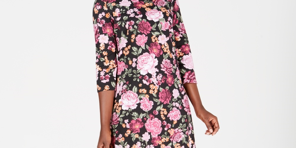 Karen Scott Women's Printed Scoop Neck Dress Black Size Petite Medium