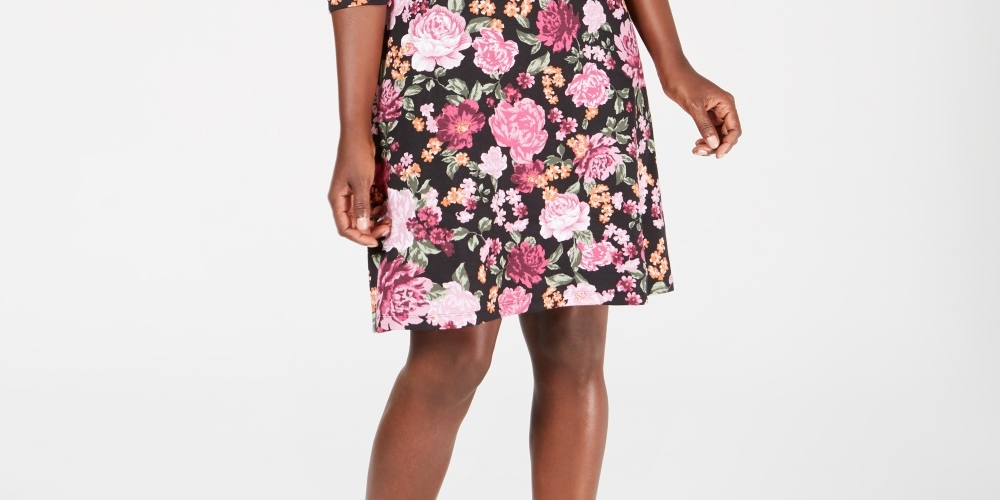 Karen Scott Women's Printed Scoop Neck Dress Black Size Petite Medium
