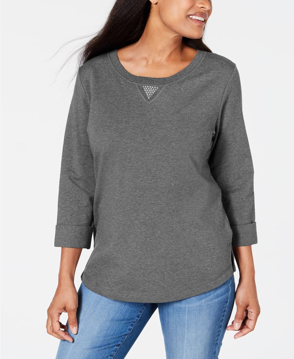 Karen Scott Women's Sport Cotton Studded 3/4 Sleeve Sweatshirt Charcoal Size Small