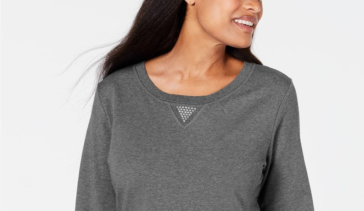 Karen Scott Women's Sport Cotton Studded 3/4 Sleeve Sweatshirt Charcoal Size Small