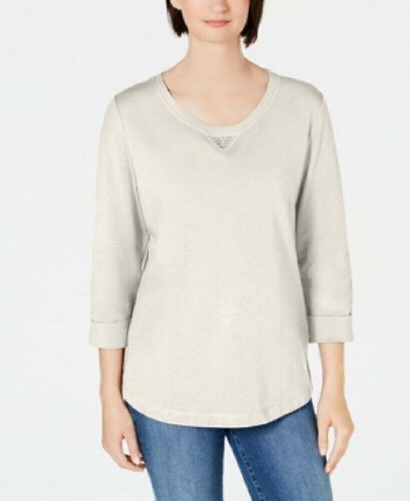 Karen Scott Women's Sport Cotton Studded 3/4 Sleeve Sweatshirt White Size X-Large